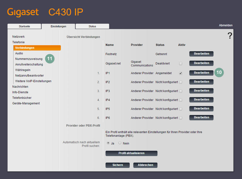 Ansicht Gigaset C430A GO Administrator-Oberfläche Verbindungsübersicht