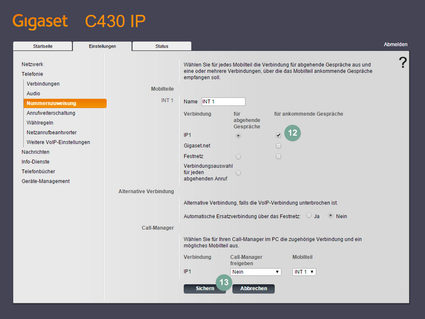 Gigaset C430A GO Nummernzuweisung Administrator-Oberfläche