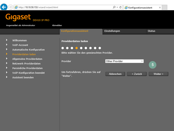 Ansicht Gigaset Konfigurationsprozess Schritt 5