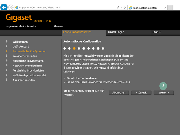 Ansicht Gigaset Konfigurationsprozess automatische Konfiguration
