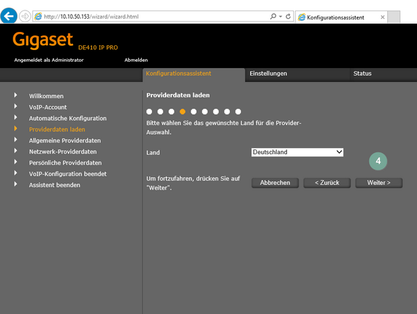 Ansicht Gigaset Konfigurationsprozess  Providerdaten