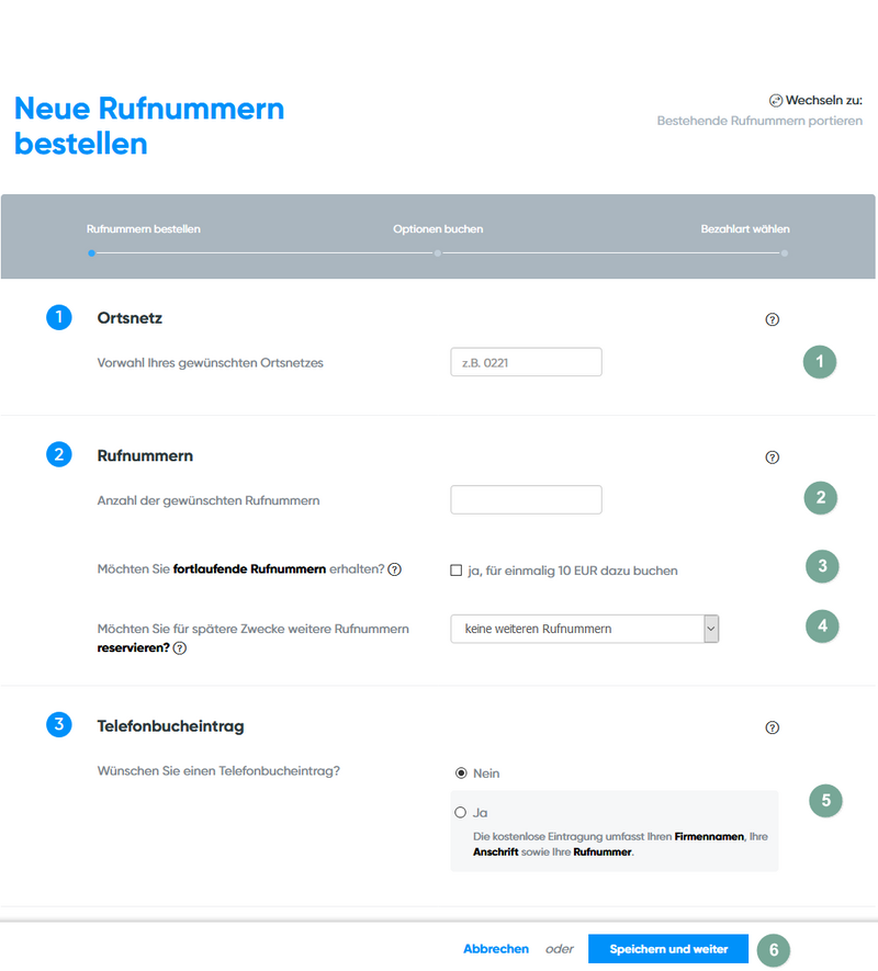 Neue Rufnummern bestellen
