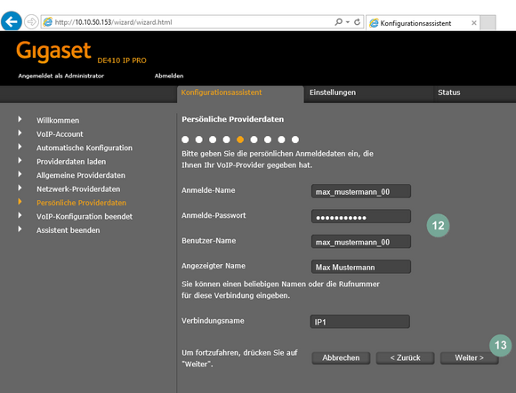 Ansicht Gigaset Konfigurationsprozess Persönliche Providerdaten
