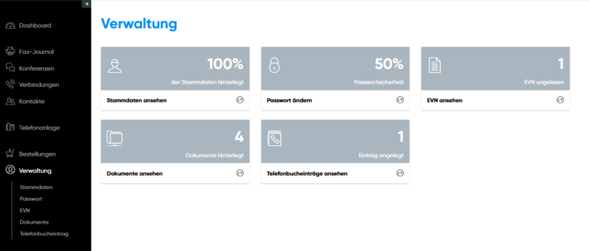 Verwaltung Übersicht im Kundenmenü