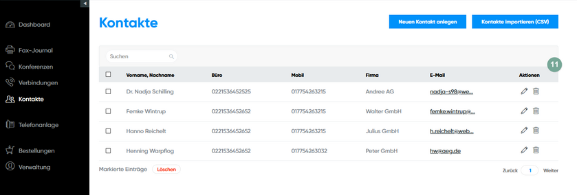 Übersicht der vorhandenen Kontakte