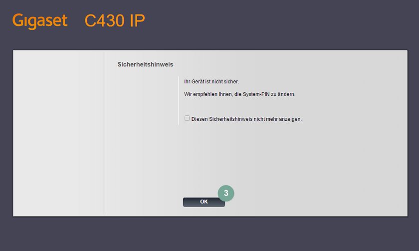 Ansicht Gigaset C430A GO Sicherheitshinweis Administrator-Oberfläche
