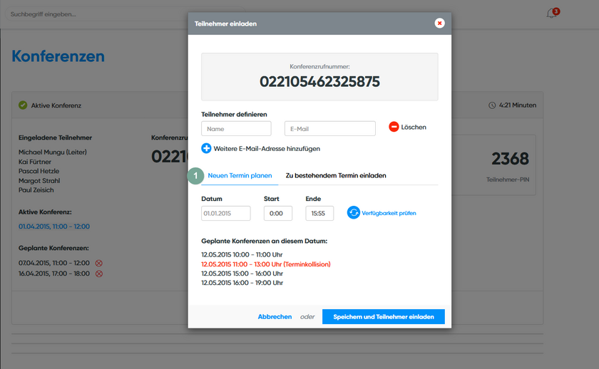 Funktionen Konferenzen neuen Termin planen