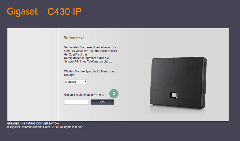 Ansicht Gigaset C430A GO Startseite Administrator-Oberfläche