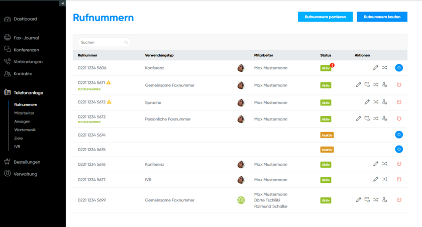 Telefonanlage Rufnummern verwalten Menü