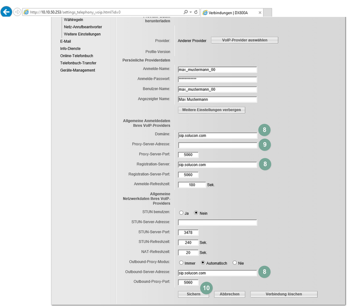 Ansicht Gigaset DX800A Konfigurationsprozess Schritt 8-9
