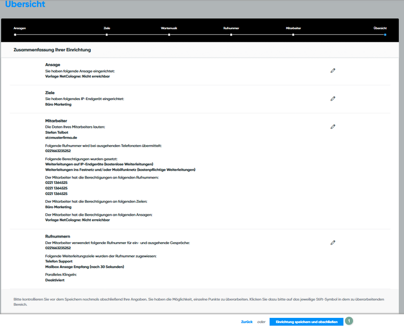 Zusammenfassung der Einrichtung