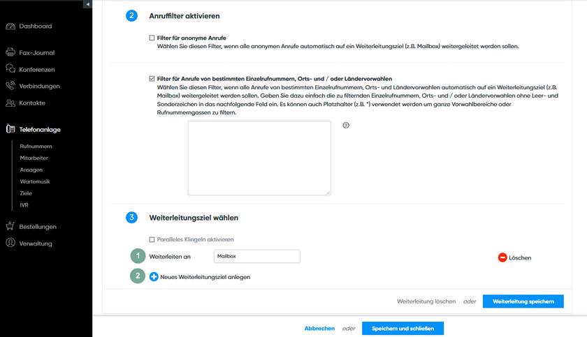 Weiterleitungsziel einrichten Schritt 1