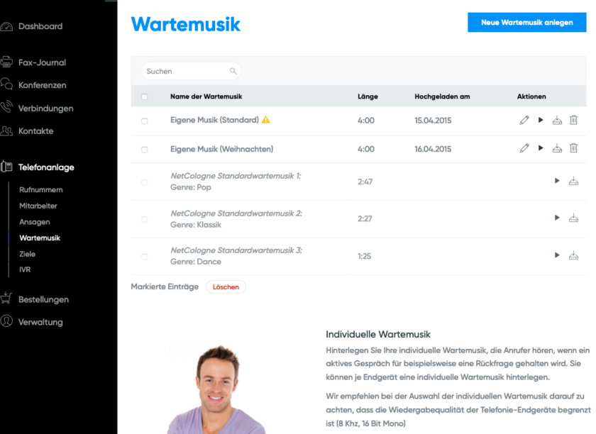 Ansicht Wartemusik verwalten