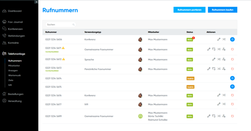 Rufnummern verwalten Übersicht