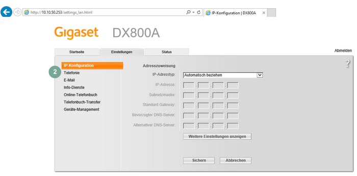 Ansicht Gigaset DX800A Konfigurationsprozess Schritt 2