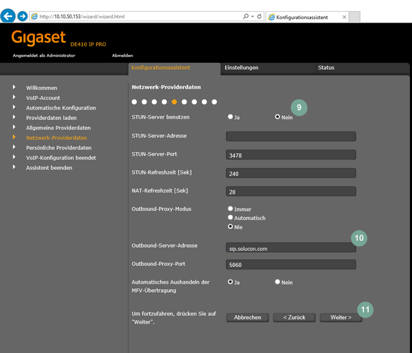 Ansicht Gigaset Konfigurationsprozess Netzwerk-Providerdaten