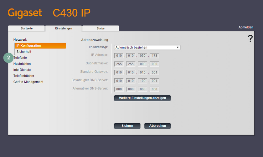 Ansicht Gigaset C430A GO Konfiguration Einstellungen