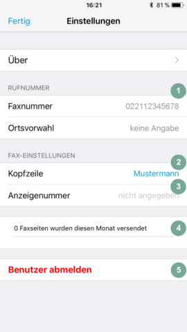Einstellungen E-Fax-App