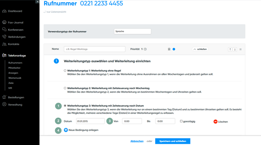 Weiterleitungstyp 3: Weiterleitung mit Zeitsteuerung nach Datum