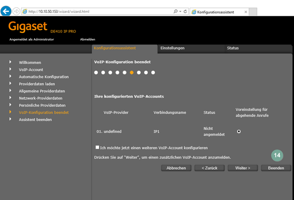 Ansicht Gigaset VoIP-Konfiguration beendet