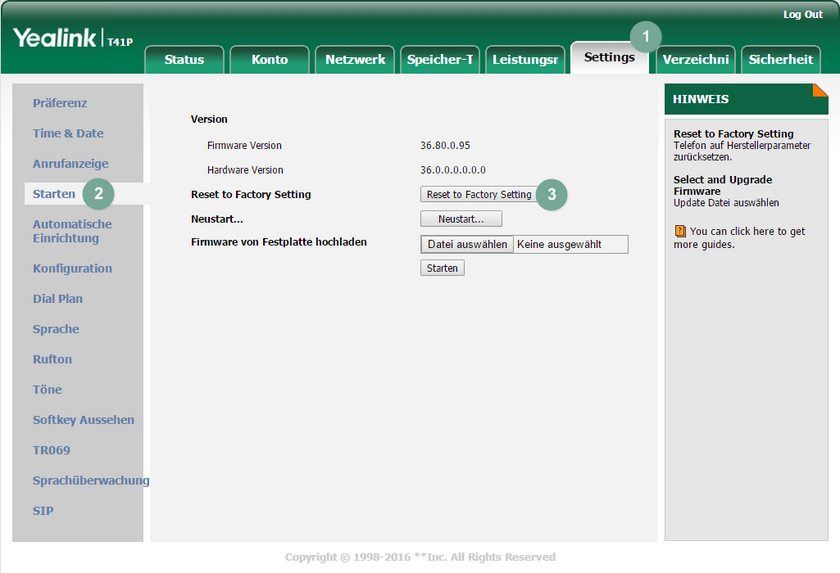 Yealink Auf Werkseinstellungen zurücksetzen