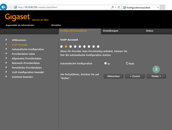 Ansicht Gigaset Konfigurationsprozess VoIP-Account