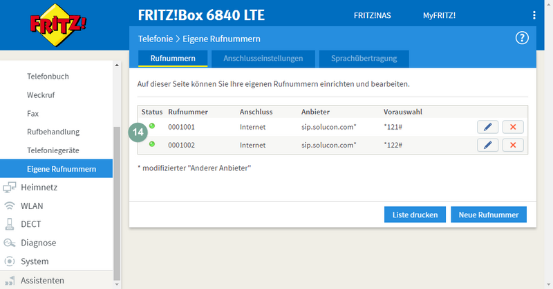 FritzBox Rufnummernverwaltung aktive Rufnummern