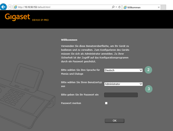 Ansicht Gigaset Administrator-Oberfläche aufrufen Schritt 2-3