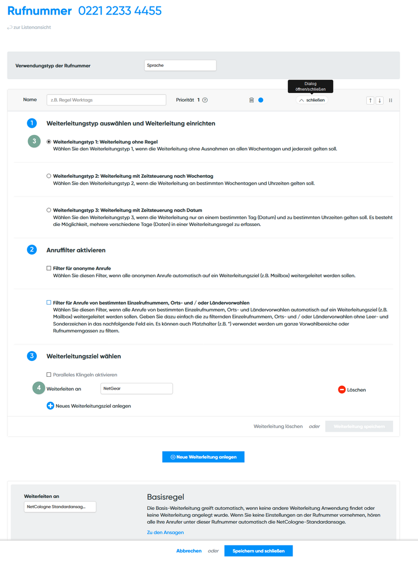 Schnelleinrichtung Weiterleitungstyp 1
