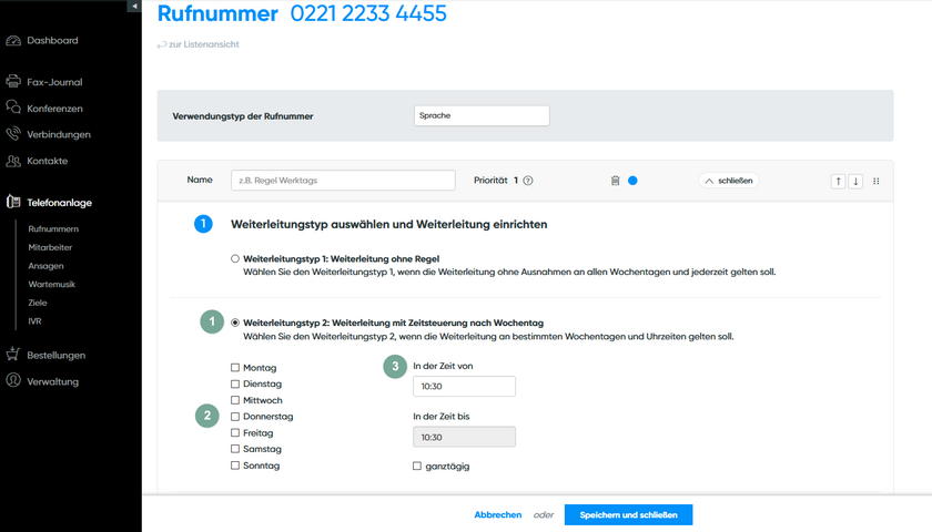 Weiterleitungstyp 2: weiterleitung mit Zeitsteuerung nach Wochentag 