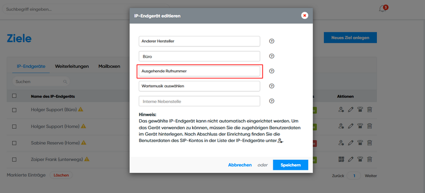 ausgehende Rufnummer  in der Telefonanlage festlegen