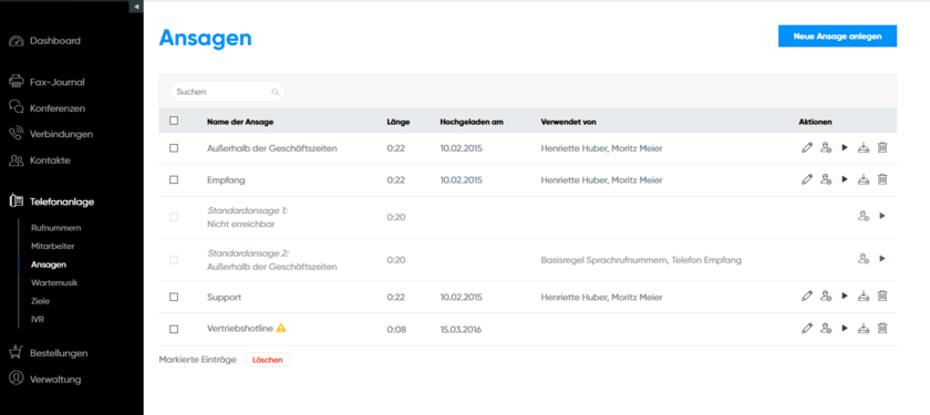 Ansicht Kundenkonto Mailbox Ansagen einrichten