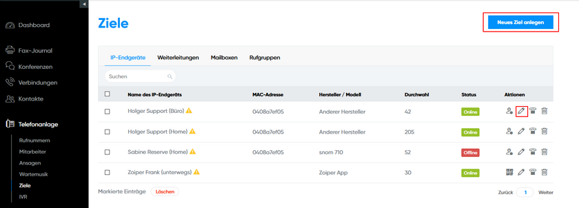 Ziel in der Telefonanlage bearbeiten