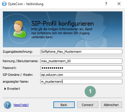 Ansicht QuteCom Konfiguration Schritt 1