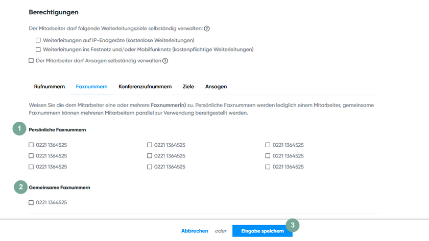 Mitarbeiter Berechtigung Faxnummer