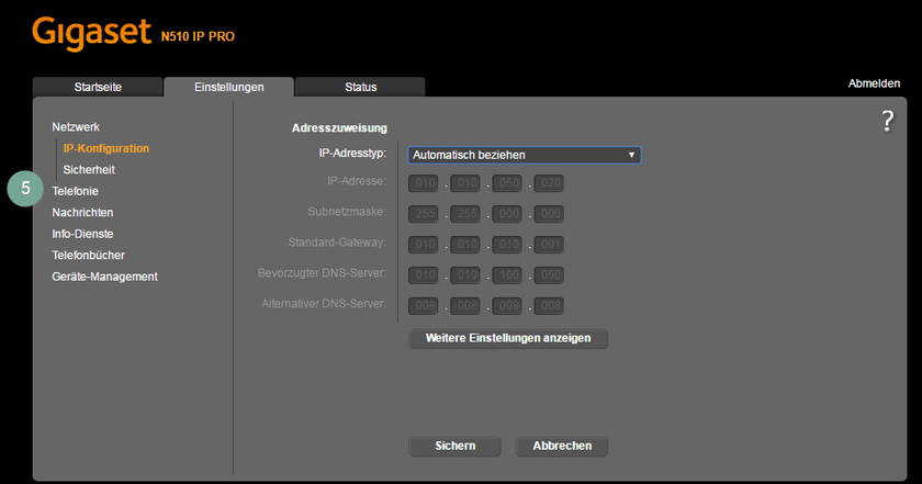 Menüpunkt Telefonie