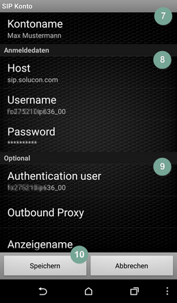 Zoiper Konfiguration Android Schritt 7-10