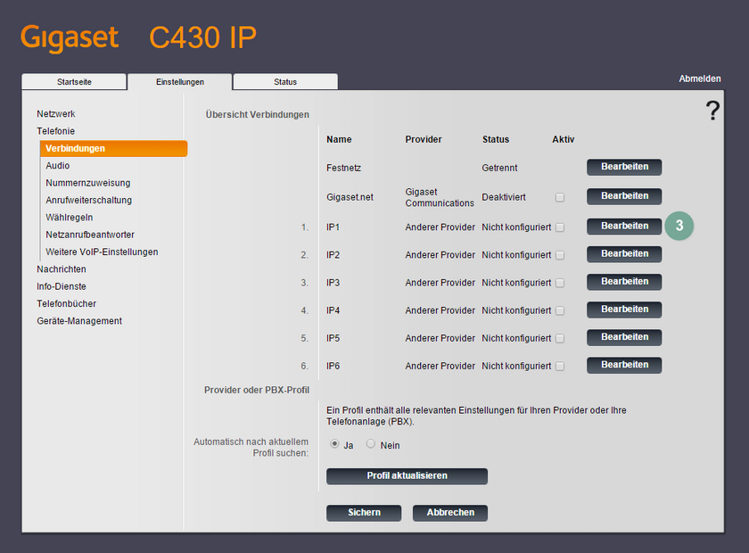 Ansicht Gigaset C430A GO Konfiguration Verbindungen