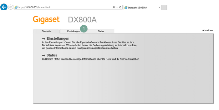 Ansicht Gigaset DX800A Konfigurationsprozess Schritt 1