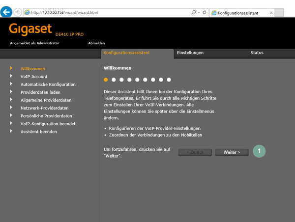 Ansicht Gigaset Konfigurationsprozess Konfigurationsassistent