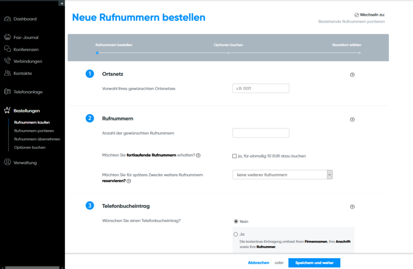 Bestellungen Bestellprozess Rufnummern kaufen