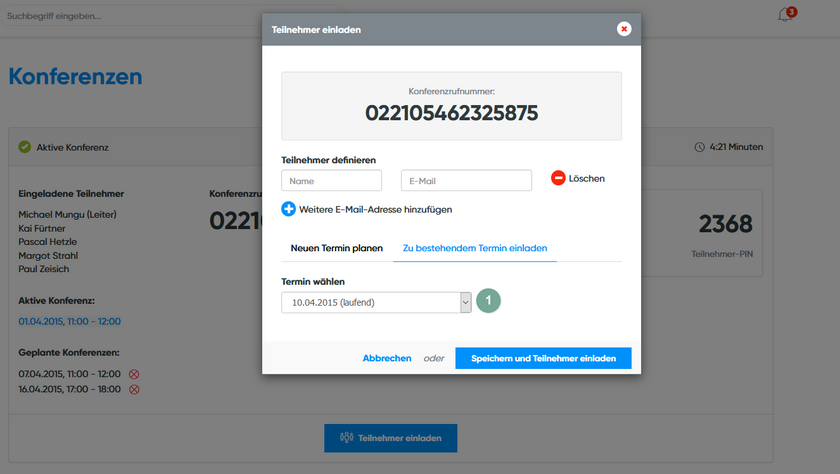 Funktionen Konferenzen zu bestehendem Termin einladen