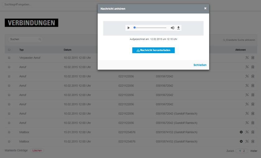 Ansicht CPBX Konto Mailbox Sprachnachrichten abhören