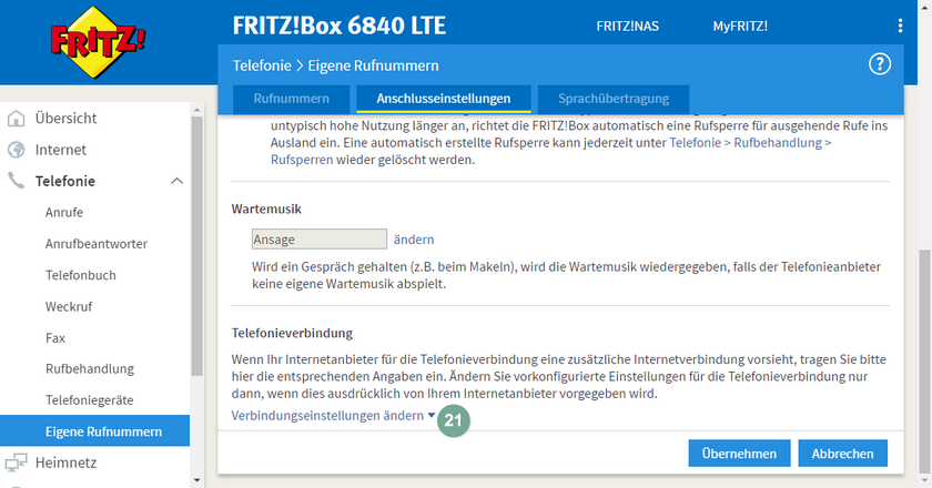 Verbindungseinstellungen FritzBox