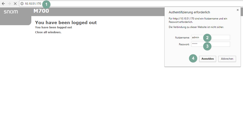 Login der Admin-Oberfläche snom M700