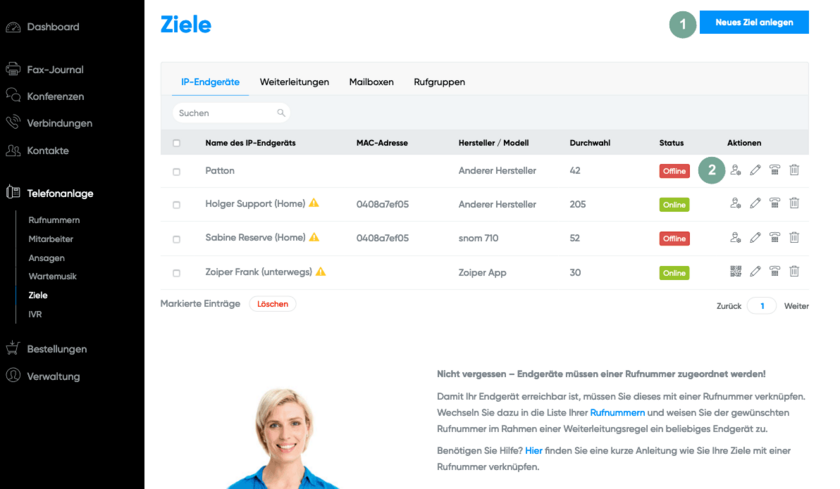 Cloud PBX Konto Ziel anlegen