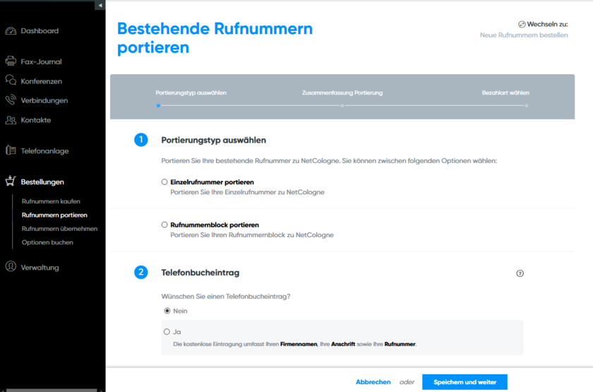 Bestellungen Bestellprozess Rufnummern portieren