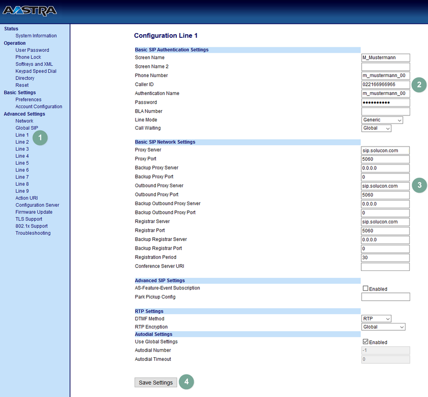 Ansicht Aastra Konfigurationsprozess Configuration Line 1