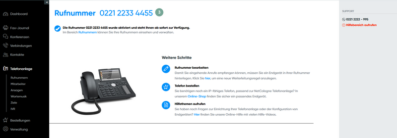Bestätigung der Rufnummernaktivierung