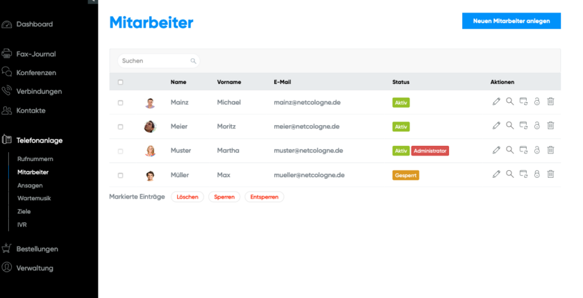 Administrator-Ansicht Mitarbeiterkonto